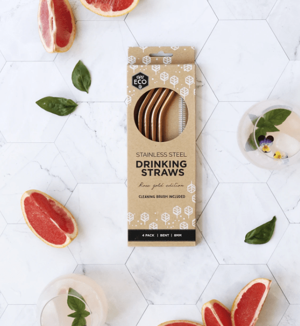 Reusable Stainless Steel Bent Straws - Rose Gold 4 Pack